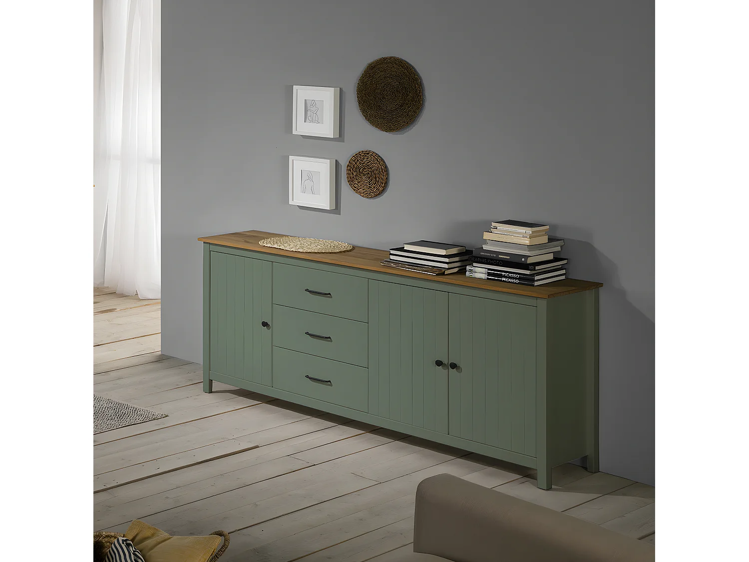 Buffet 3 portes 3 tiroirs en bois massif vert L190xH80 cm - Ida