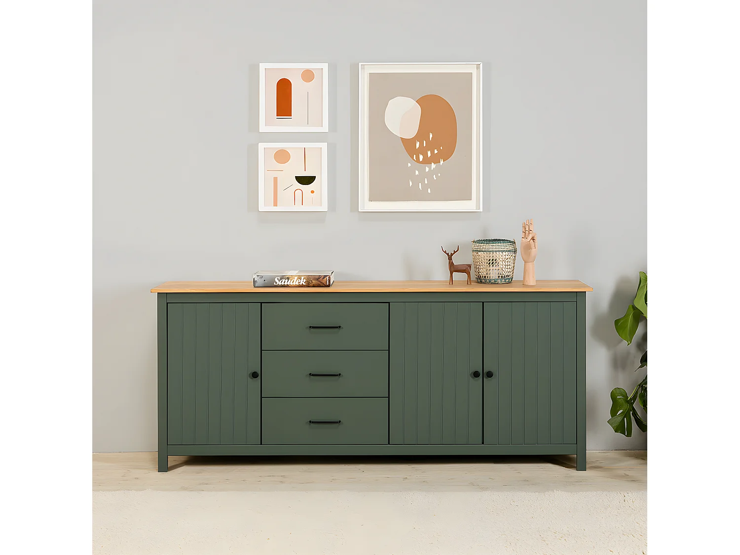 Buffet 3 portes 3 tiroirs en bois massif vert L190xH80 cm - Ida