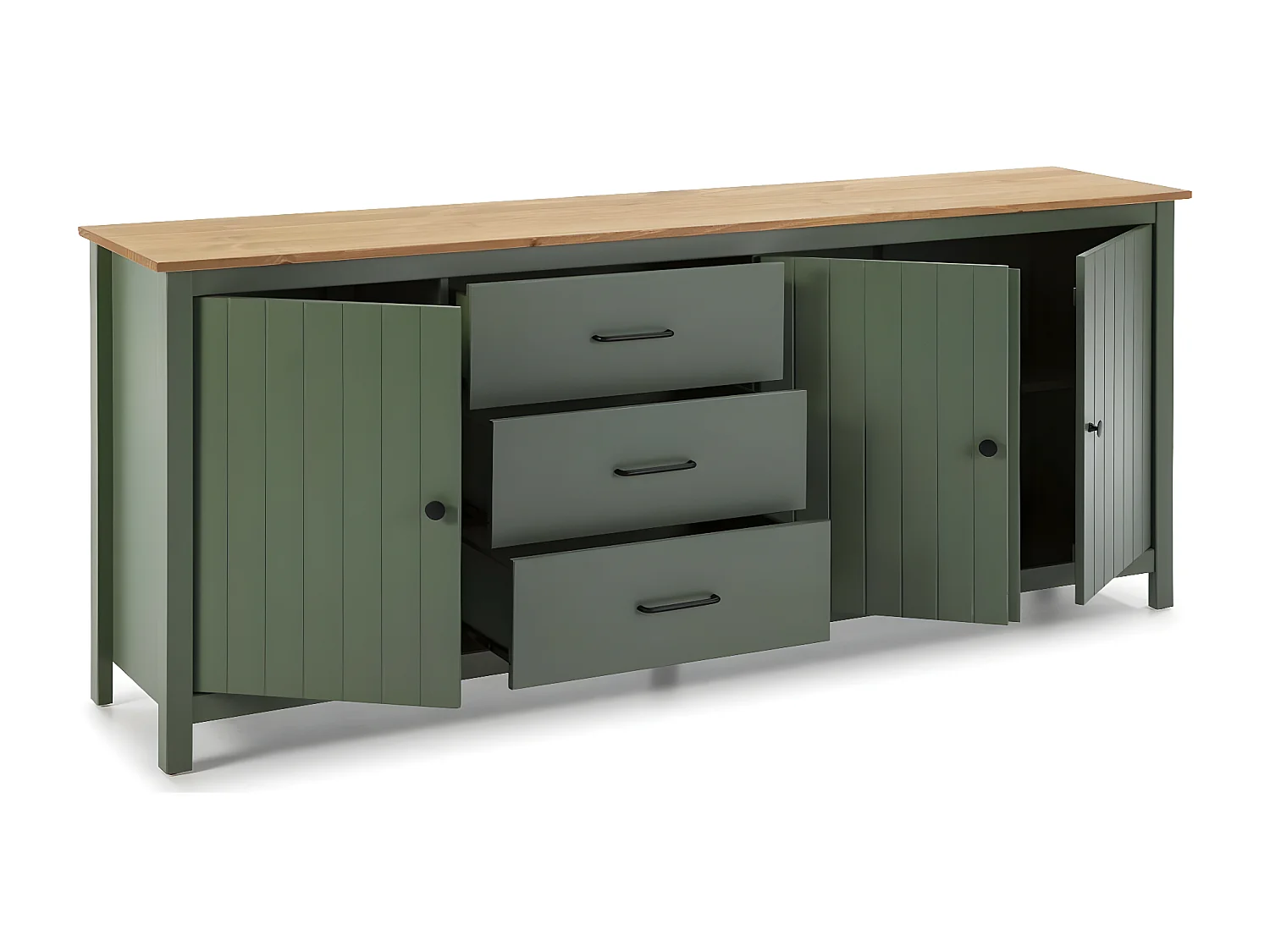 Buffet 3 portes 3 tiroirs en bois massif vert L190xH80 cm - Ida