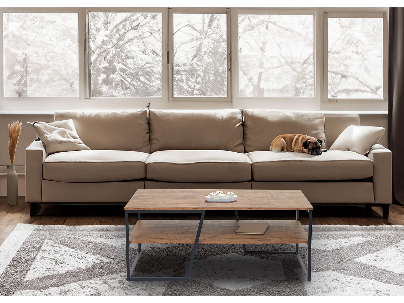 Couchtisch MCW-A27, Wohnzimmertisch Beistelltisch Sofatisch, Ablage Metall 3D-Struktur 46x110x60cm, Wildeiche-Optik