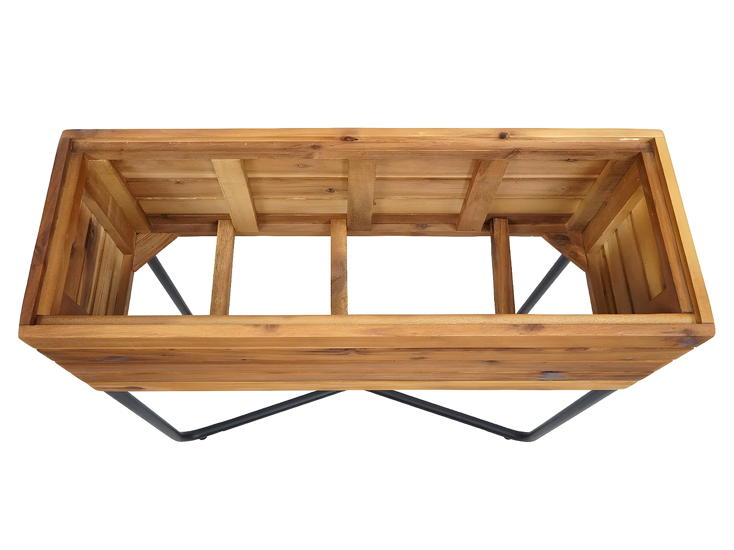 Fioriera vaso alto piante rettangolare MCW-L25 acciaio legno acacia 60x62x22cm legno naturale