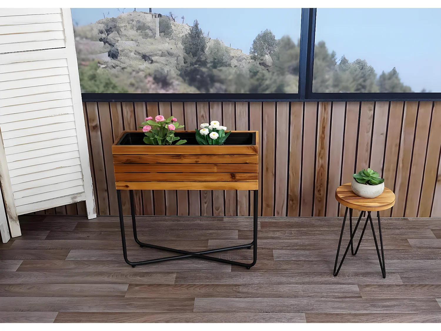 Fioriera vaso alto piante rettangolare MCW-L25 acciaio legno acacia 60x62x22cm legno naturale