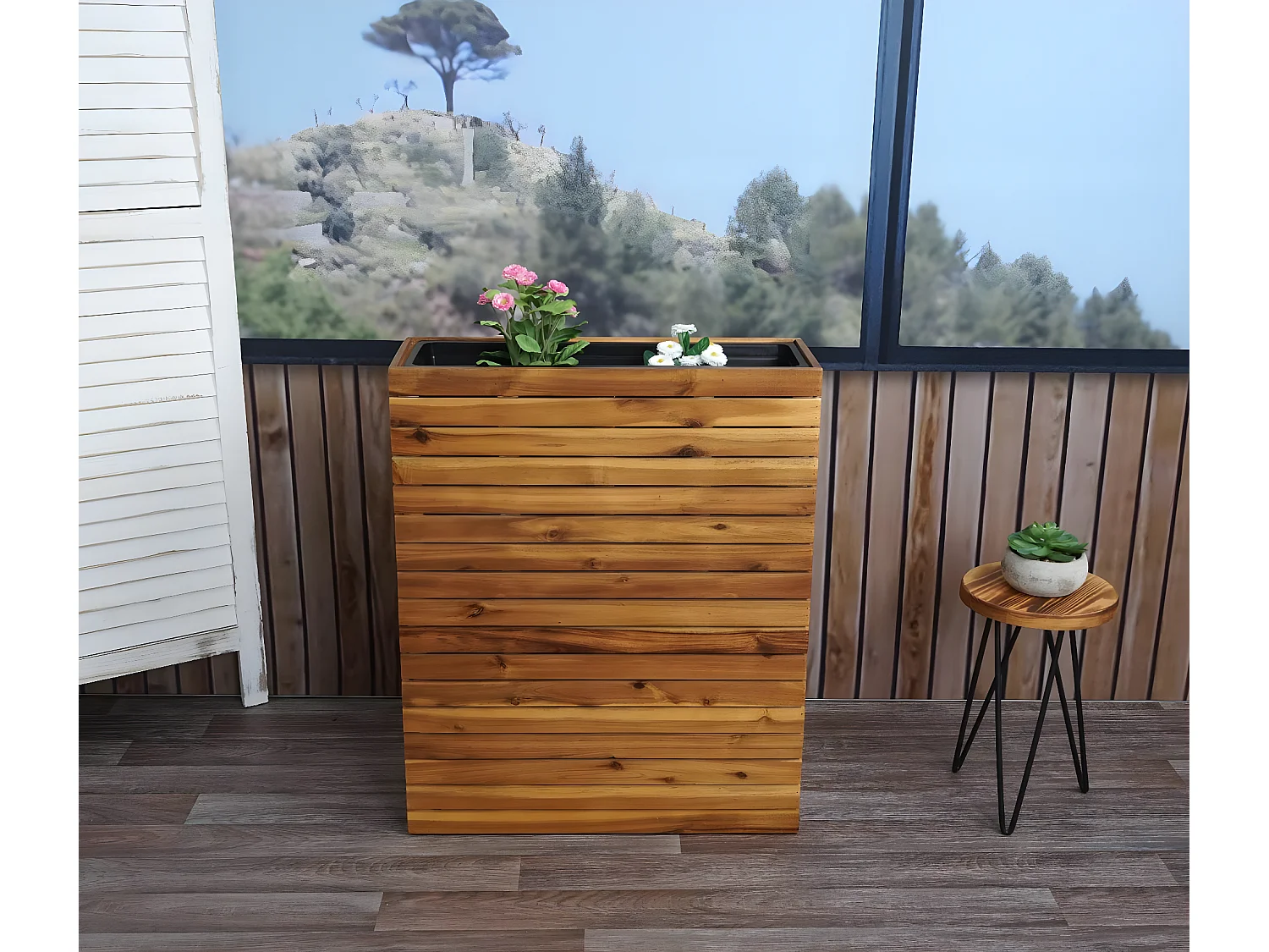 Fioriera vaso piante rettangolare alto MCW-L21 legno acacia 77x63x23cm legno naturale