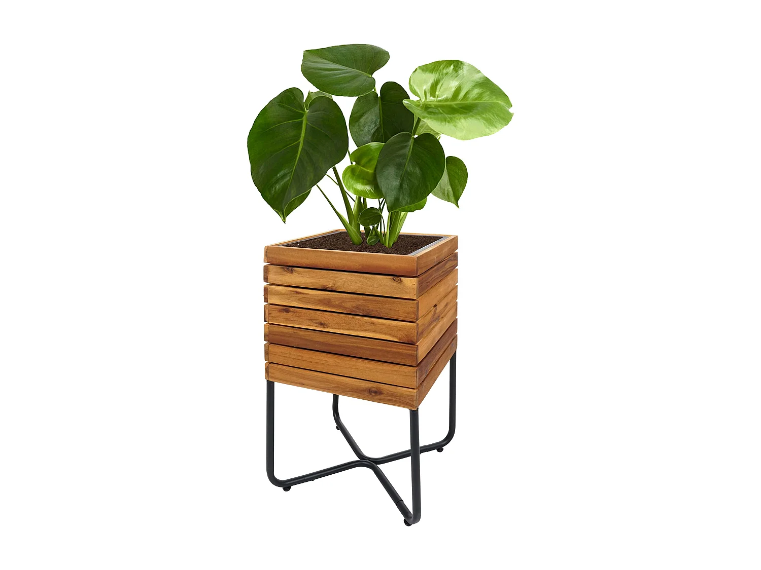 Pflanzkasten MCW-L25, Pflanzkübel Blumenkasten, quadratisch 60x33x33cm Outdoor Stahl Akazie Holz FSC®-zertifiziert, braun