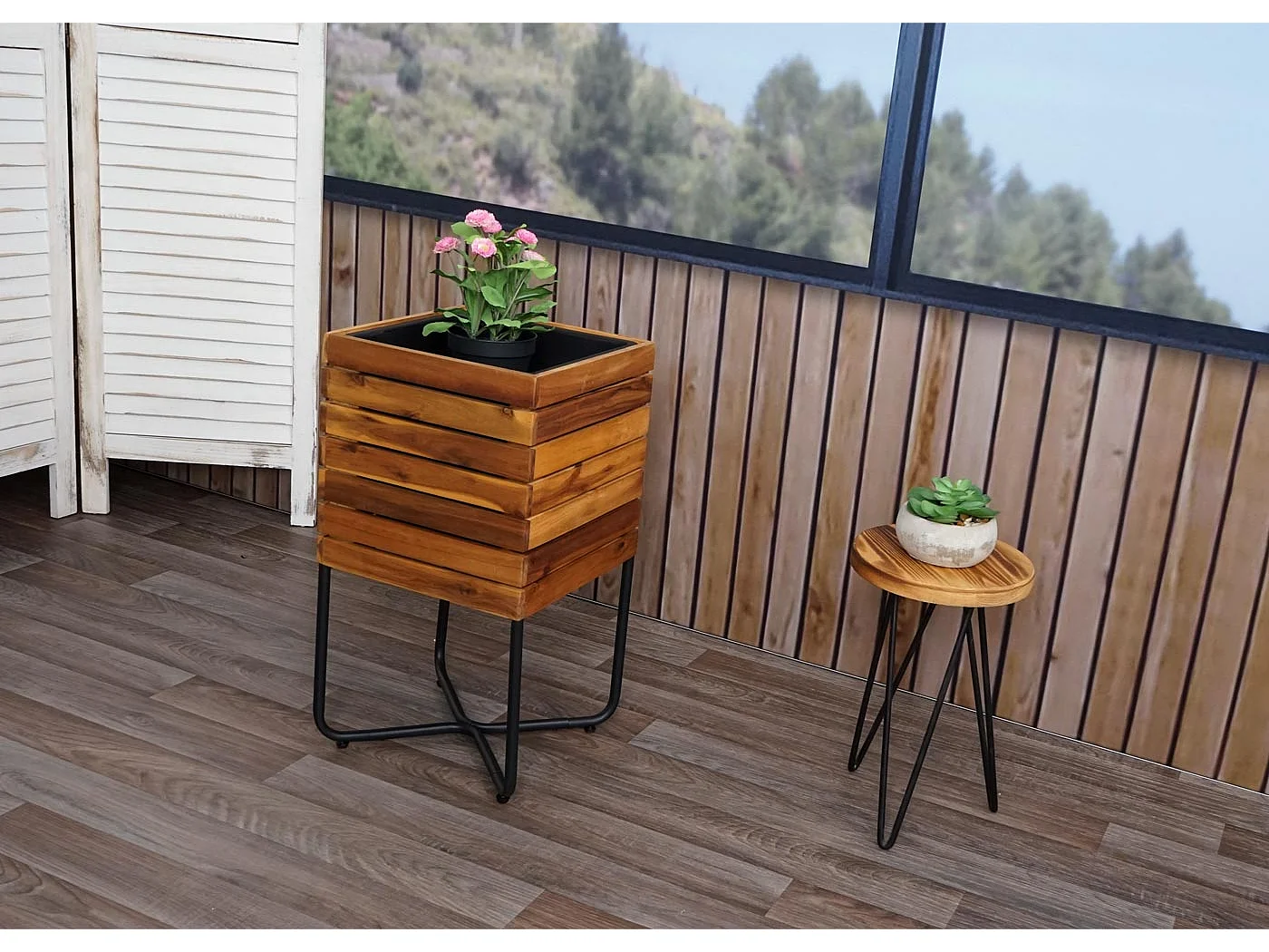 Pflanzkasten MCW-L25, Pflanzkübel Blumenkasten, quadratisch 60x33x33cm Outdoor Stahl Akazie Holz FSC®-zertifiziert, braun