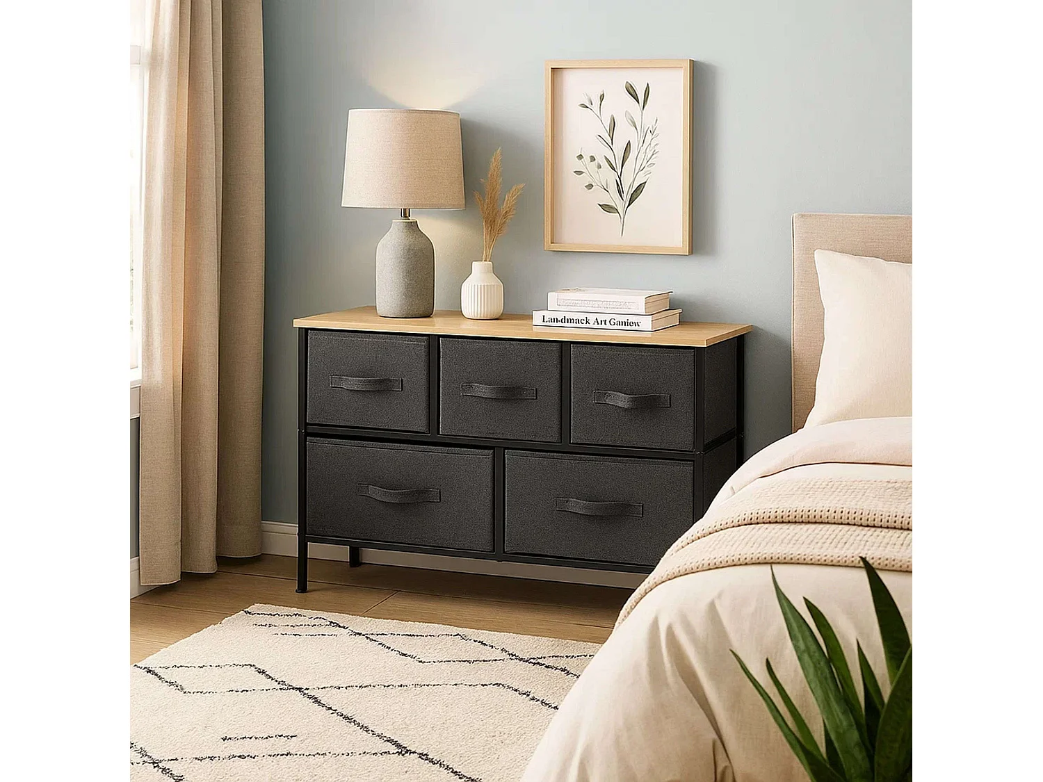 Cômoda baixa Tissa 5 gavetas quarto carvalho claro cinza aço 100x55 cm