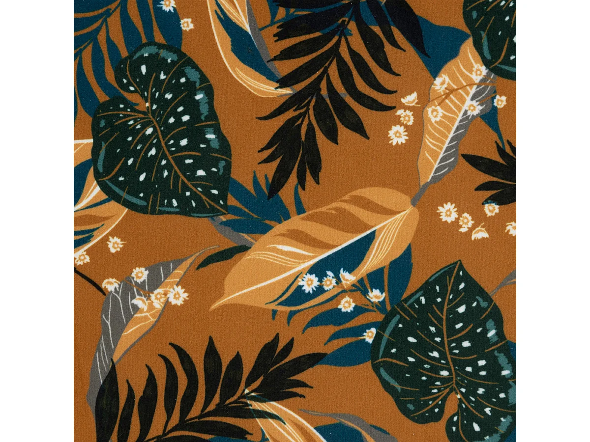 Tabouret d'appoint en Velours Ocre déco floral et pieds en Bois