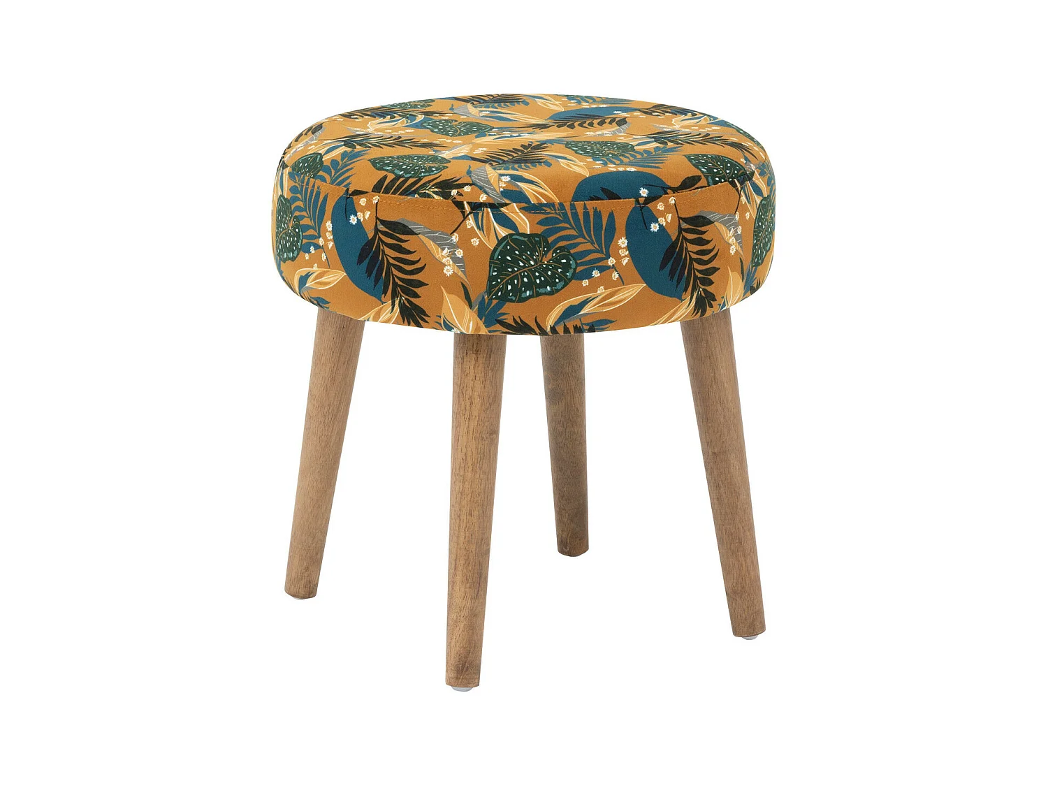 Tabouret d'appoint en Velours Ocre déco floral et pieds en Bois