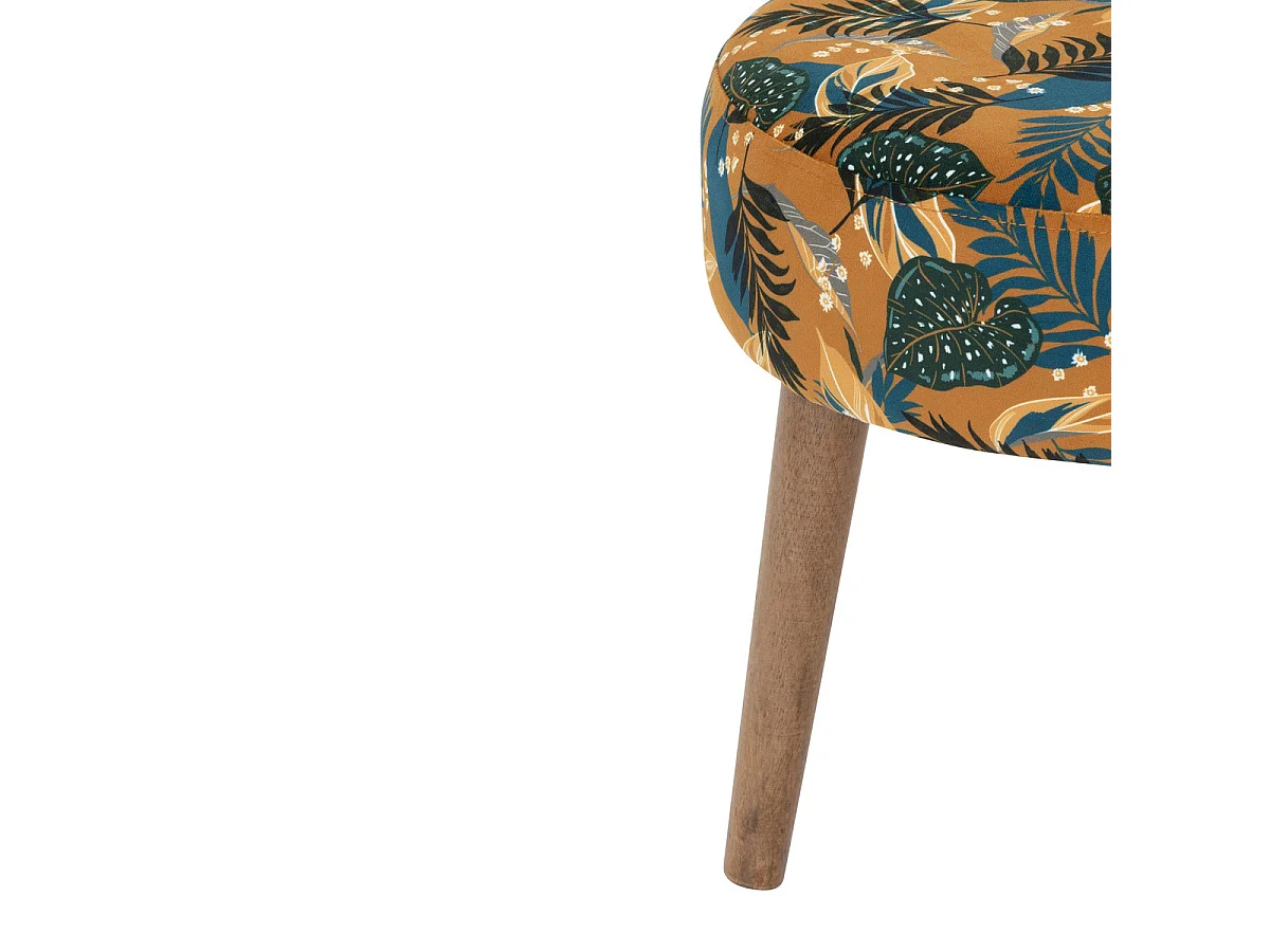 Tabouret d'appoint en Velours Ocre déco floral et pieds en Bois