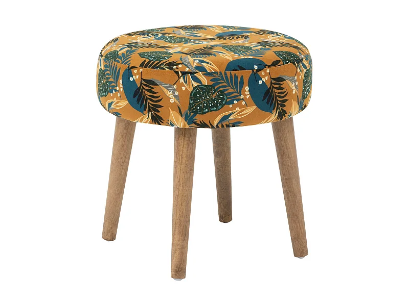 Tabouret d'appoint en Velours Ocre déco floral et pieds en Bois