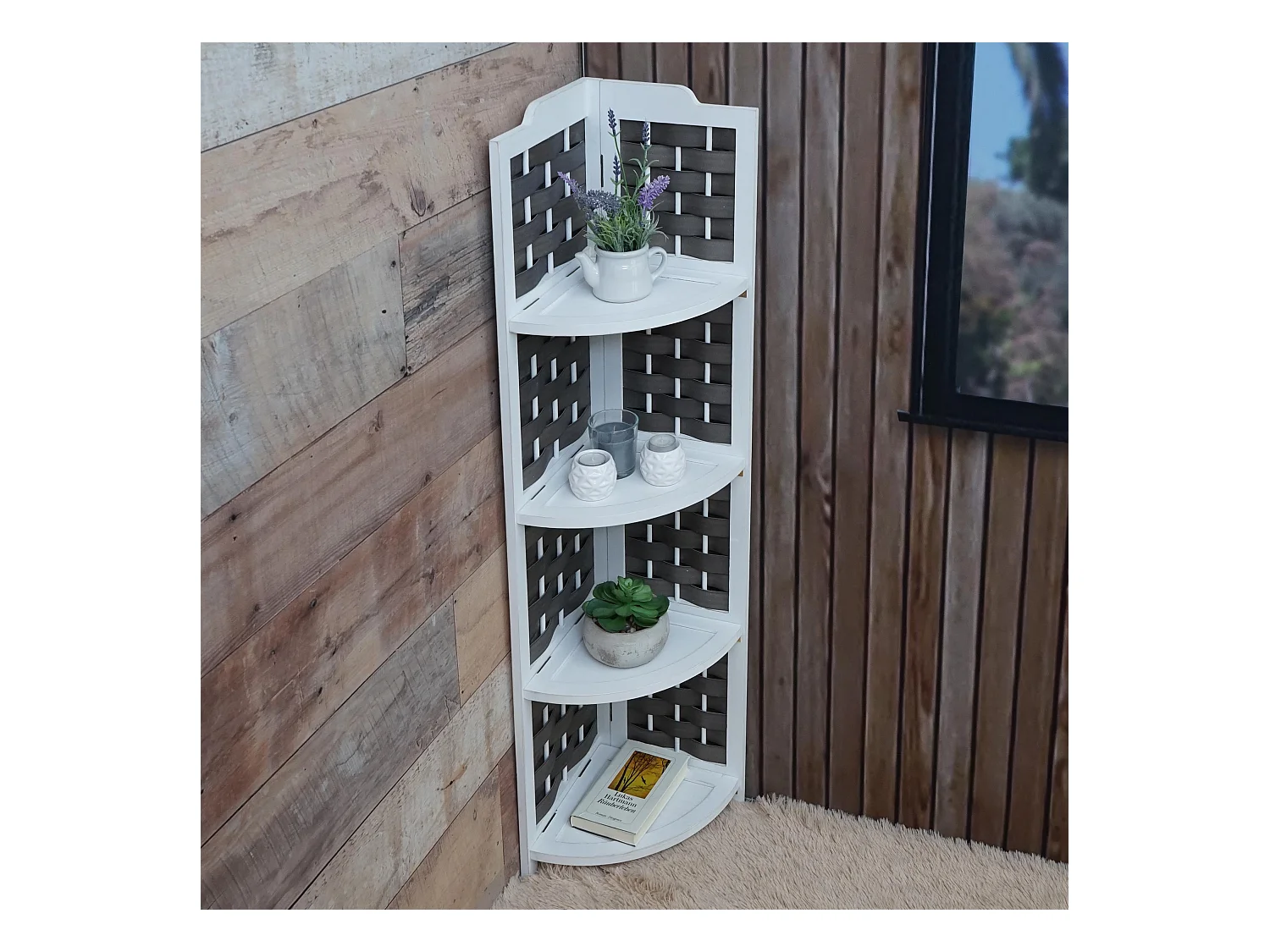 Étagère d'angle MCW-K85,  blanc, tressage anthracite