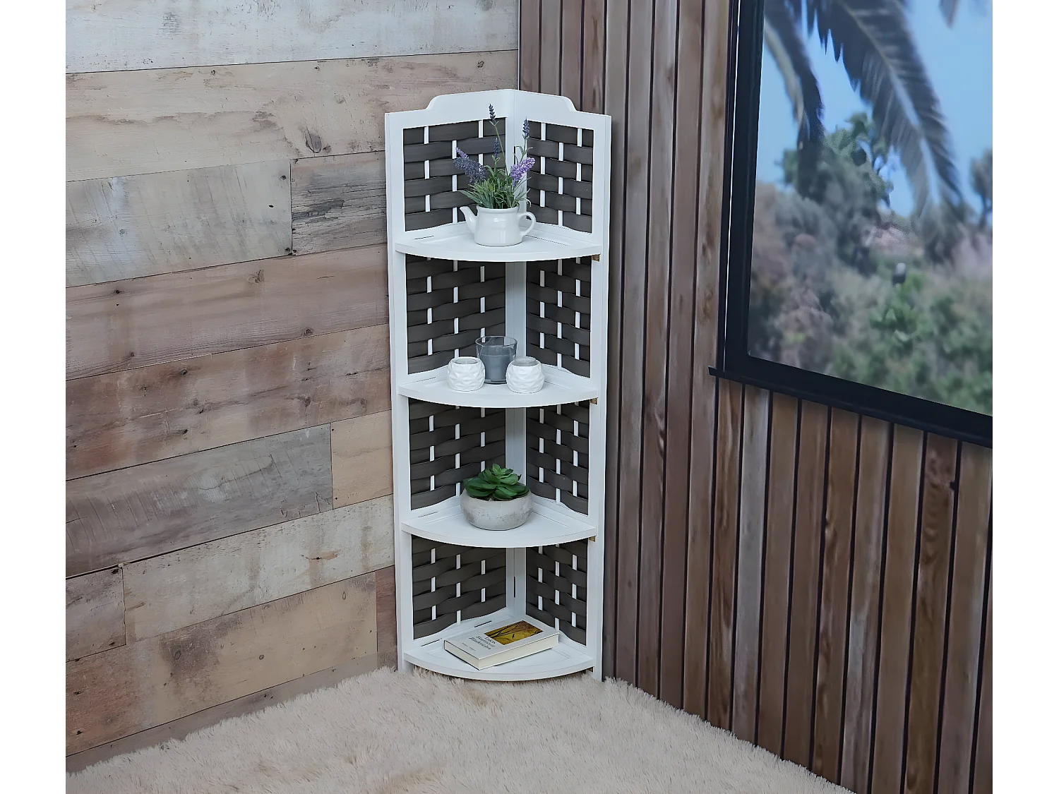 Étagère d'angle MCW-K85,  blanc, tressage anthracite