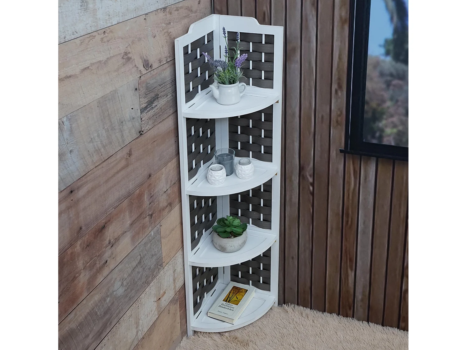 Étagère d'angle MCW-K85,  blanc, tressage anthracite