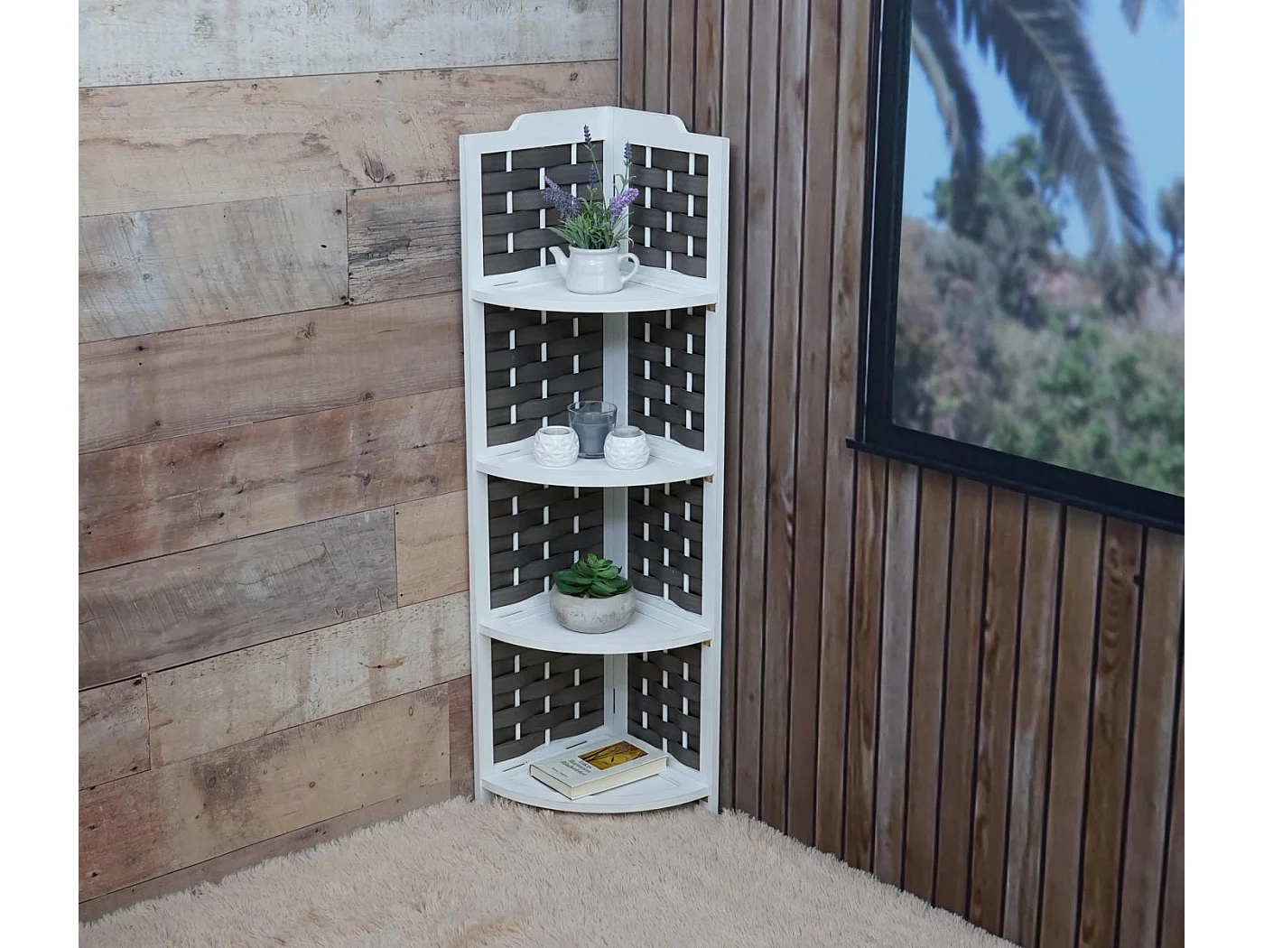 Étagère d'angle MCW-K85,  blanc, tressage anthracite