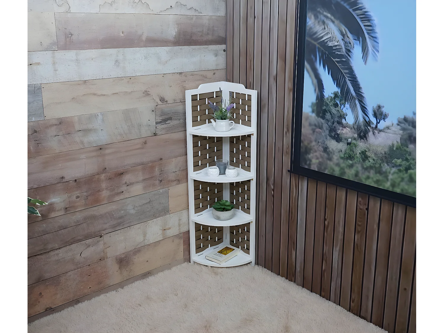 Hoekplank MCW-K85,  wit, vlechtwerk bruin