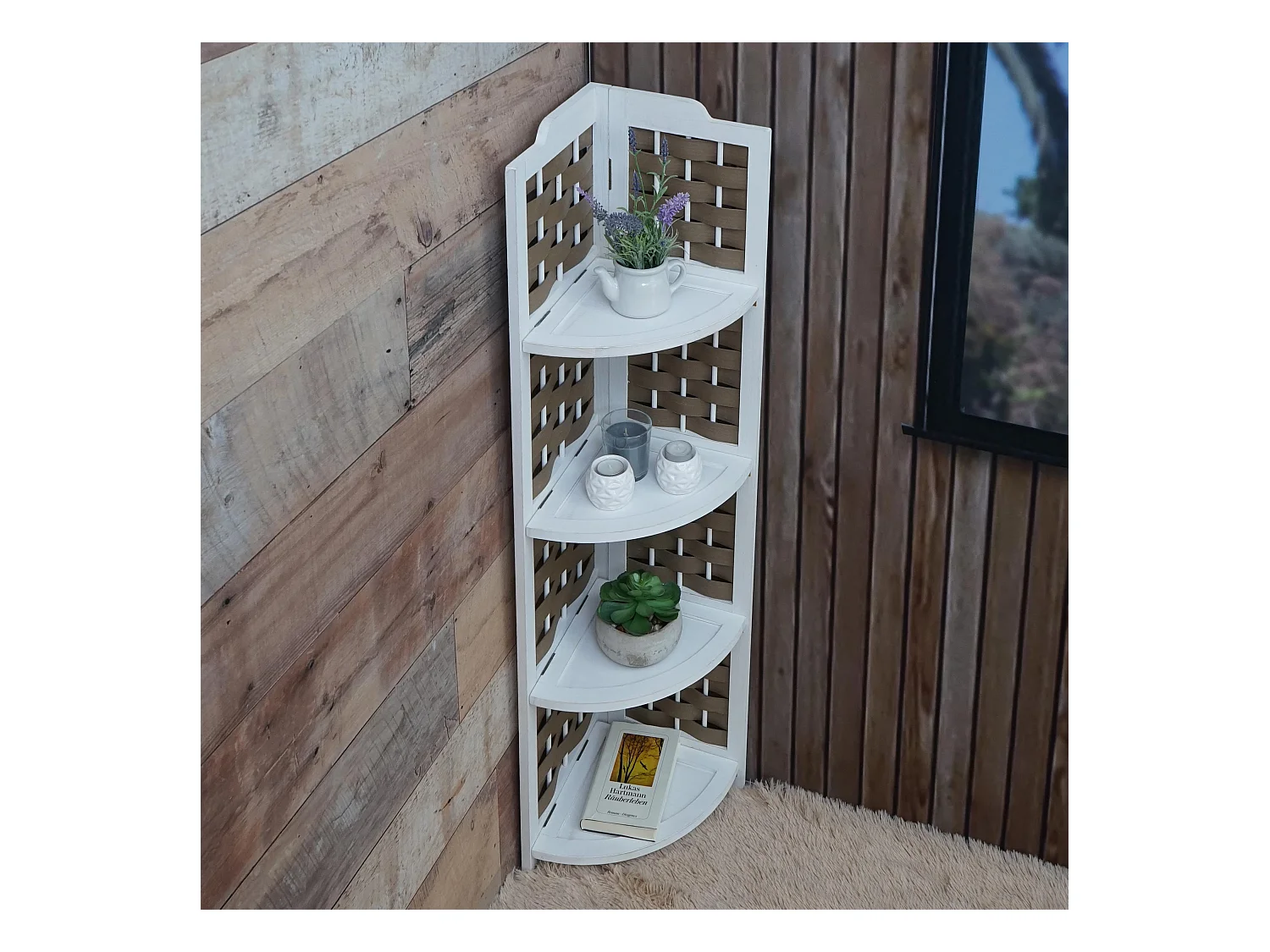 Étagère d'angle MCW-K85,  blanc, tressage blanc