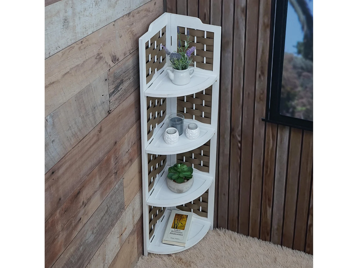 Estante esquinero MCW-K85,  blanco, mimbre marrón
