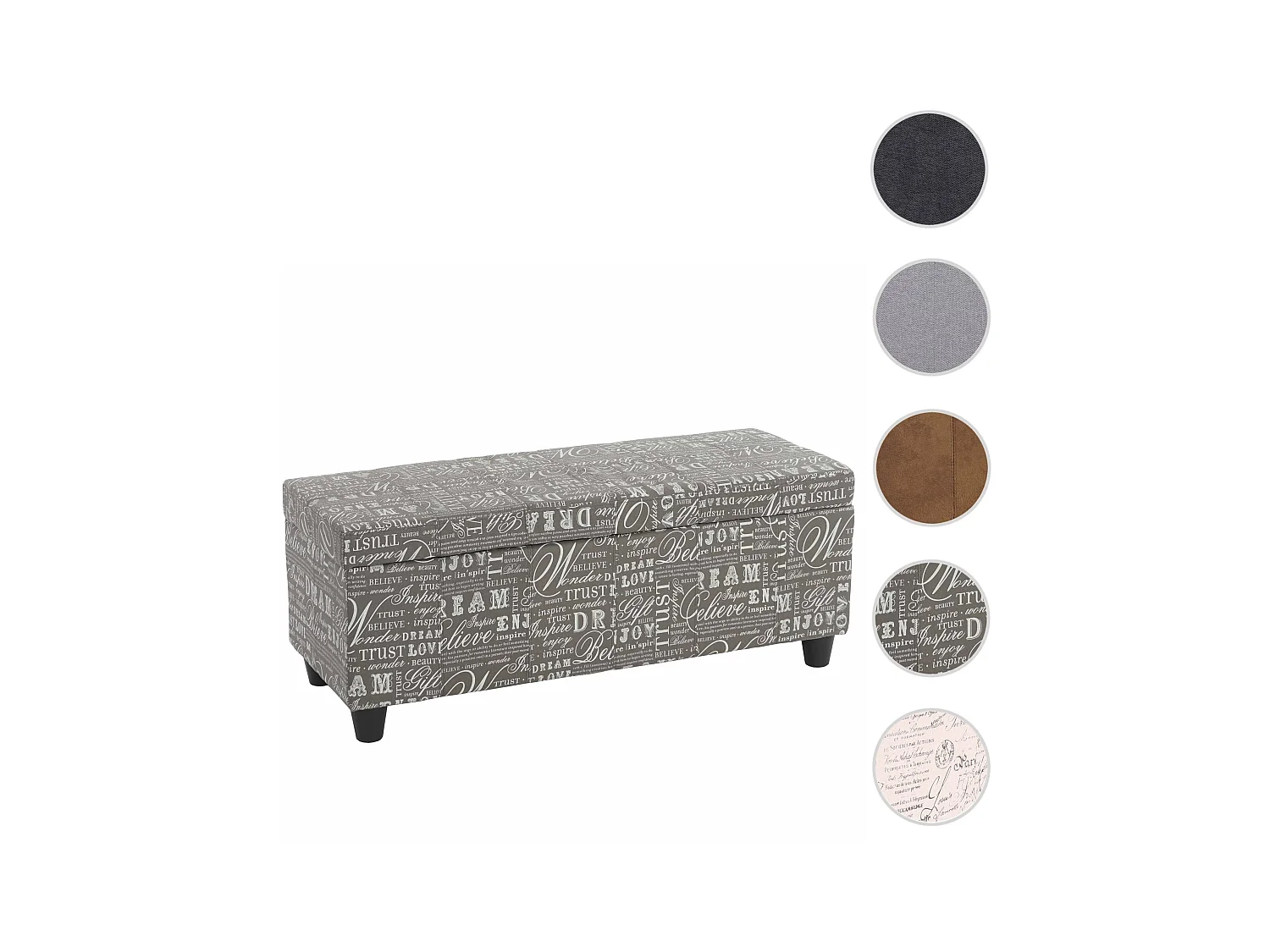 Panca contenitore elegante Kriens tessuto 114x45x45cm grigio con scritte