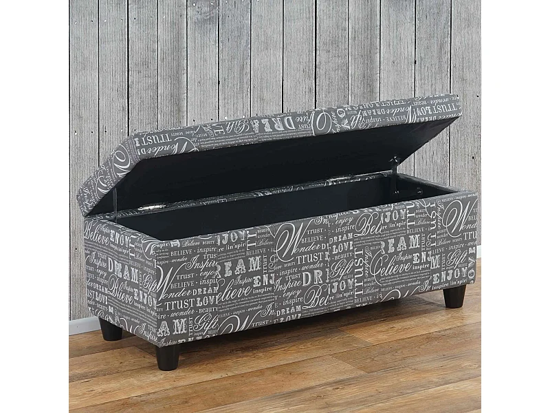 Panca contenitore elegante Kriens tessuto 114x45x45cm grigio con scritte