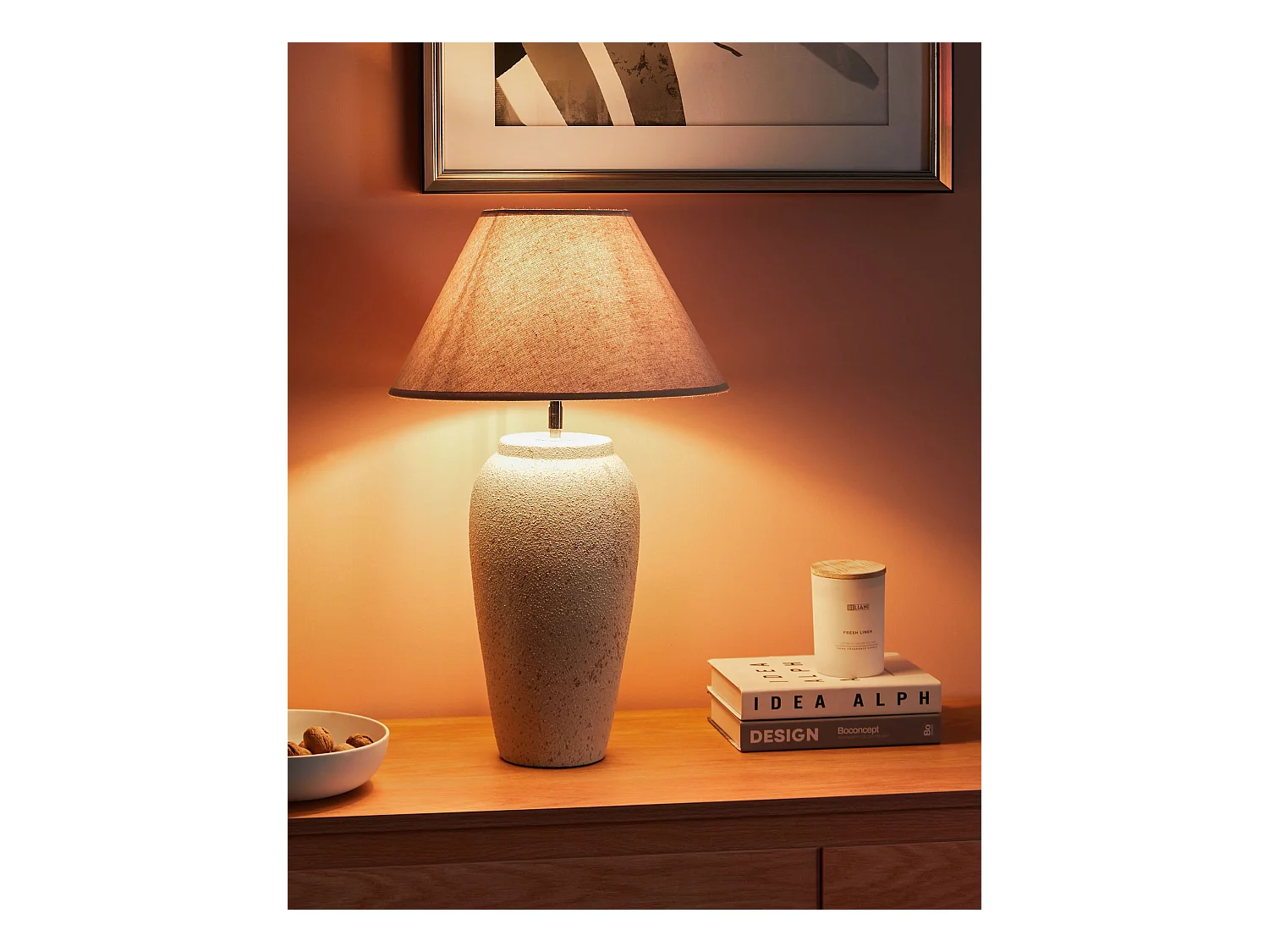 Tischlampe Keramik Vasenfuß weiß Stoffschirm Kegelform Kabel mit Schalter Amblo