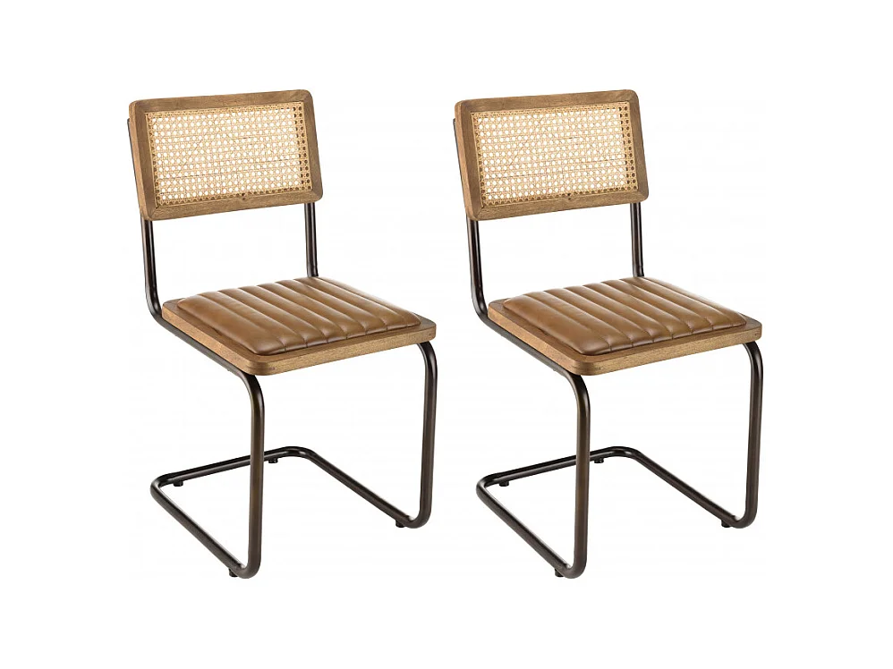 MARCEL - Lot de 2 chaises manguier assise matelassée cuir pieds rétro