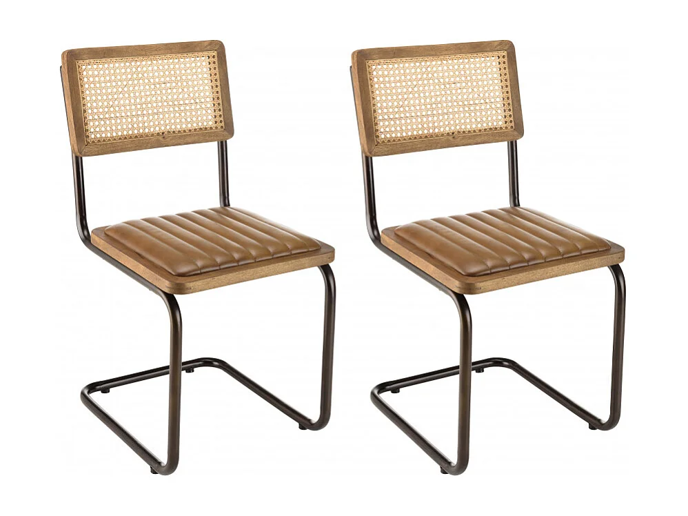 MARCEL - Lot de 2 chaises assise cuir dossier bois de manguier / rotin