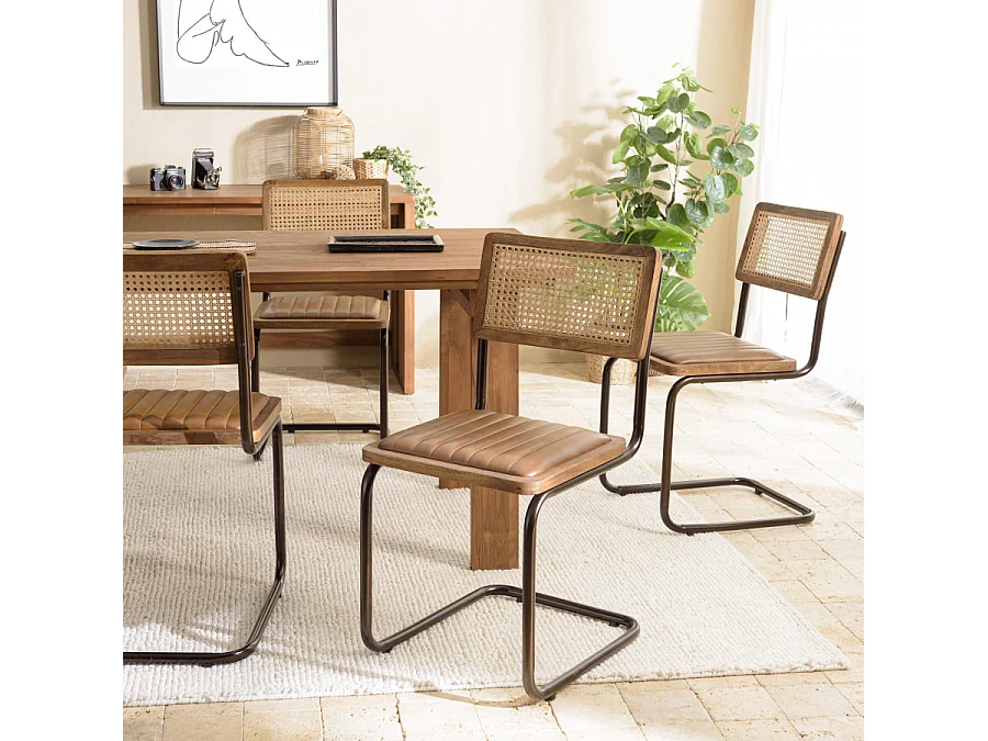 MARCEL - Lot de 2 chaises assise cuir dossier bois de manguier / rotin