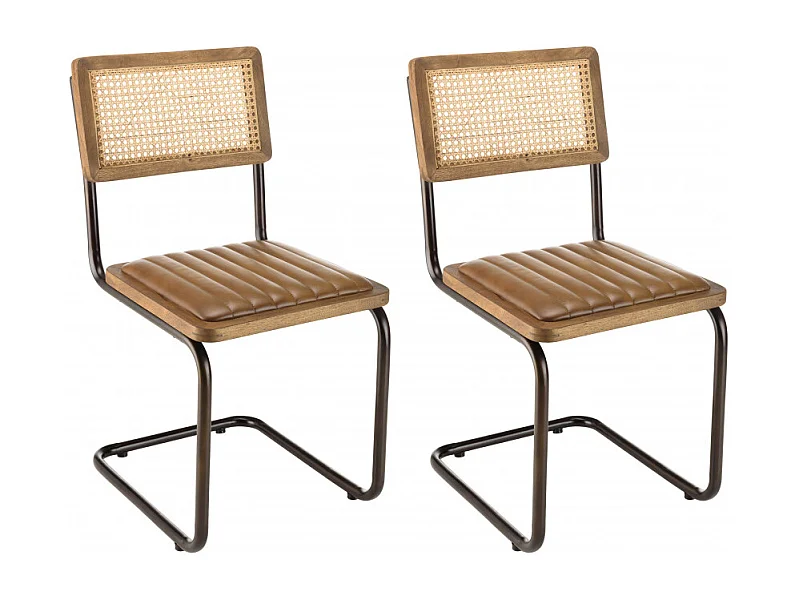 MARCEL - Lot de 2 chaises assise cuir dossier bois de manguier / rotin
