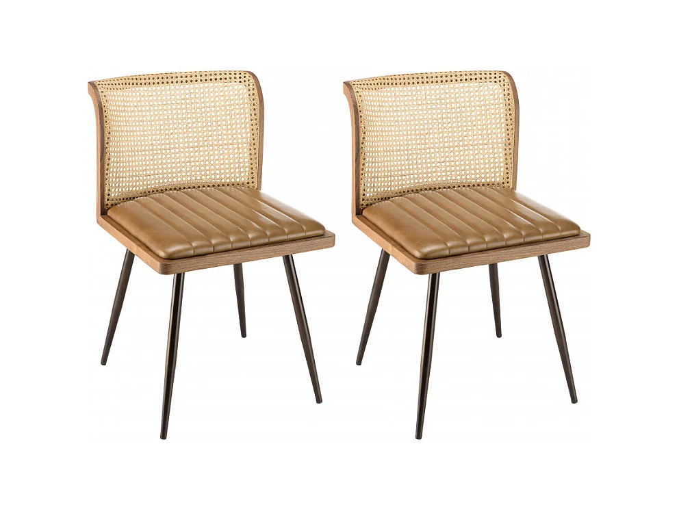 MARCEL - Lot de 2 chaises assise cuir dossier bois de manguier / rotin
