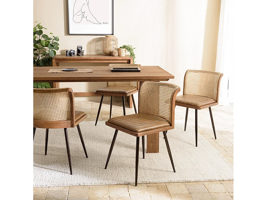 MARCEL - Lot de 2 chaises assise cuir dossier bois de manguier / rotin