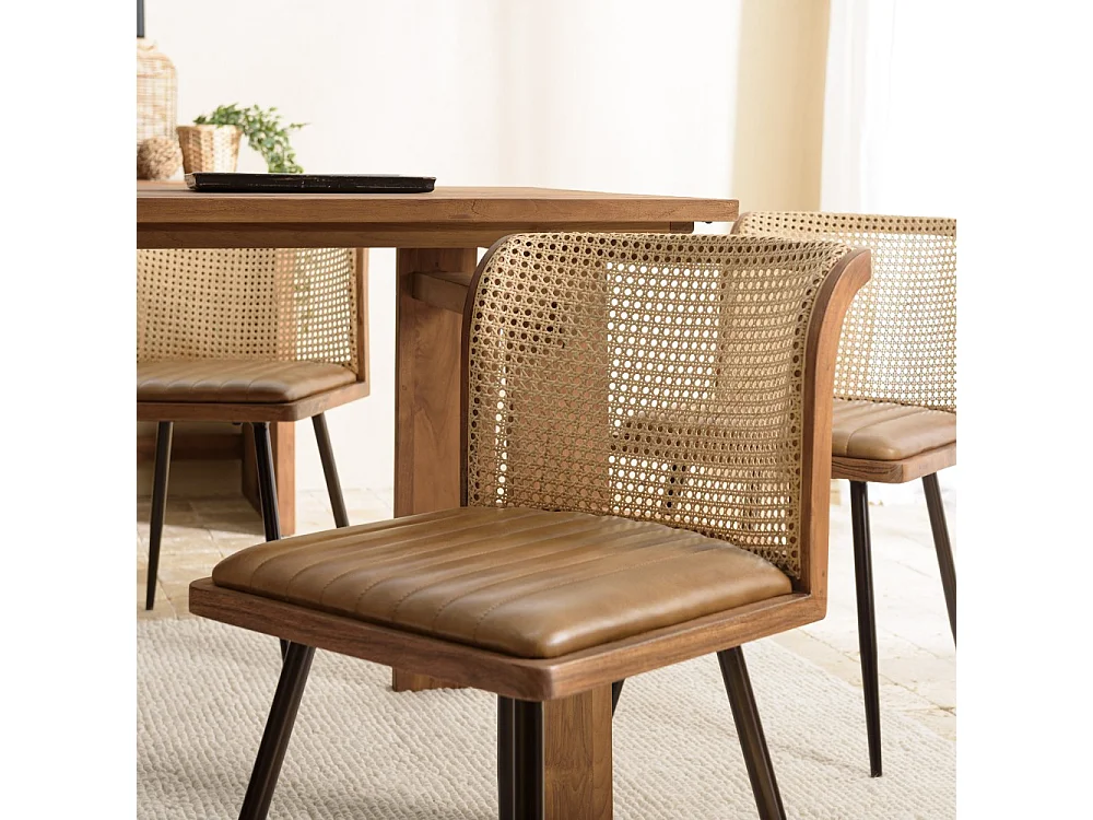 MARCEL - Lot de 2 chaises assise cuir dossier bois de manguier / rotin