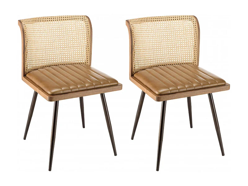 MARCEL - Lot de 2 chaises assise cuir dossier bois de manguier / rotin