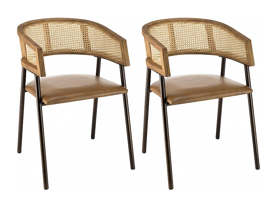 MARCEL - Lot de 2 fauteuils assise cuir dossier bois manguier / rotin