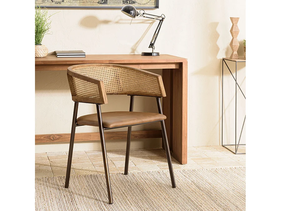 MARCEL - Lot de 2 fauteuils assise cuir dossier bois manguier / rotin