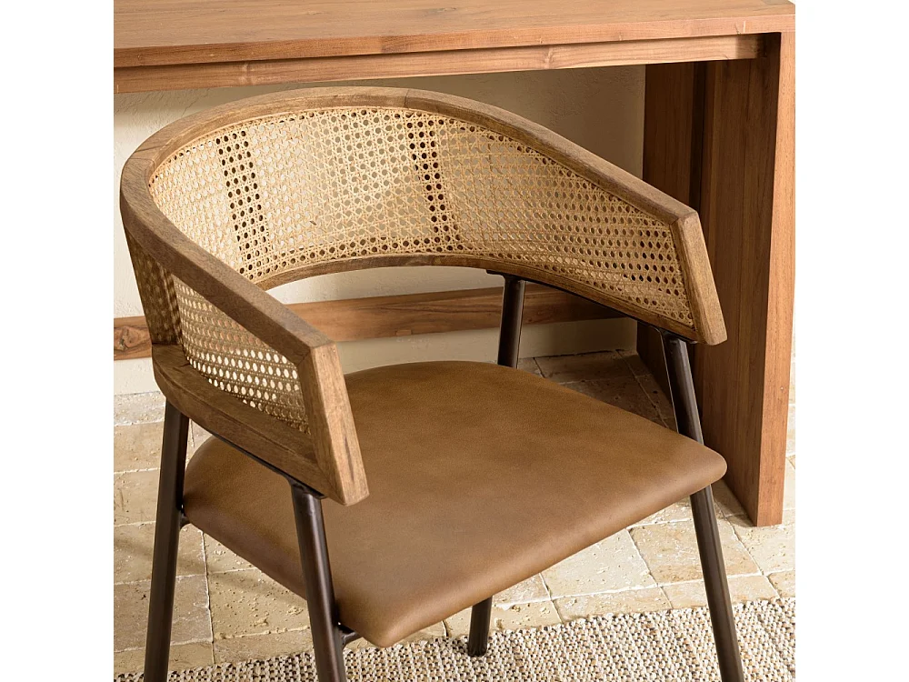 MARCEL - Lot de 2 fauteuils assise cuir dossier bois manguier / rotin