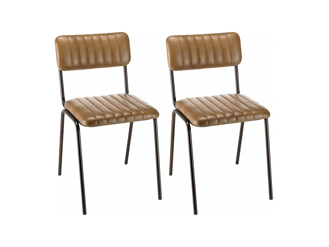 MARCEL - Lot de 2 chaises assise cuir dossier bois de manguier / rotin