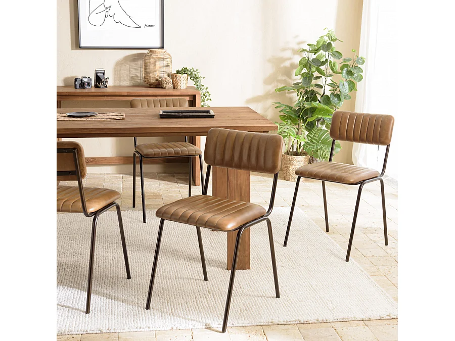 MARCEL - Lot de 2 chaises assise cuir dossier bois de manguier / rotin