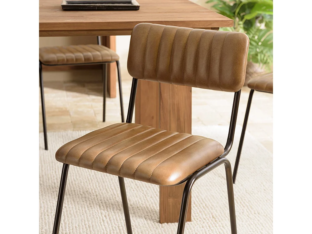 MARCEL - Lot de 2 chaises assise cuir dossier bois de manguier / rotin