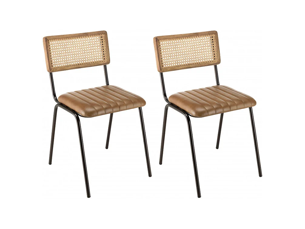 MARCEL - Lot de 2 chaises manguier assise matelassée cuir dossier droit