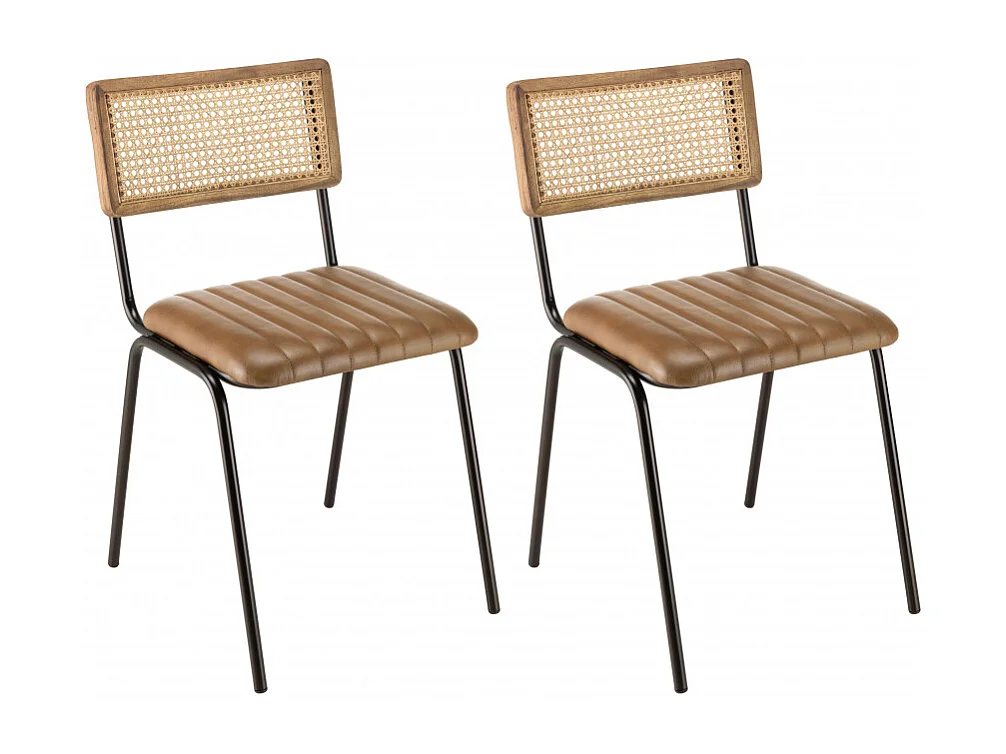 MARCEL - Lot de 2 chaises assise cuir dossier bois de manguier / rotin