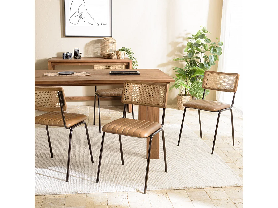 MARCEL - Lot de 2 chaises assise cuir dossier bois de manguier / rotin