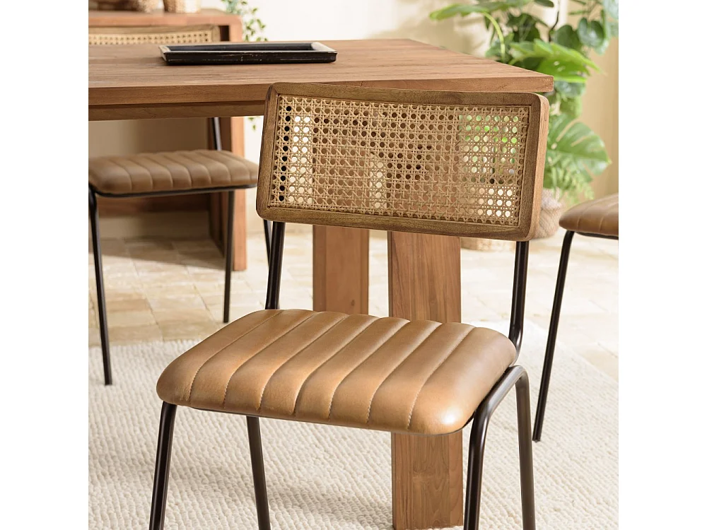 MARCEL - Lot de 2 chaises assise cuir dossier bois de manguier / rotin