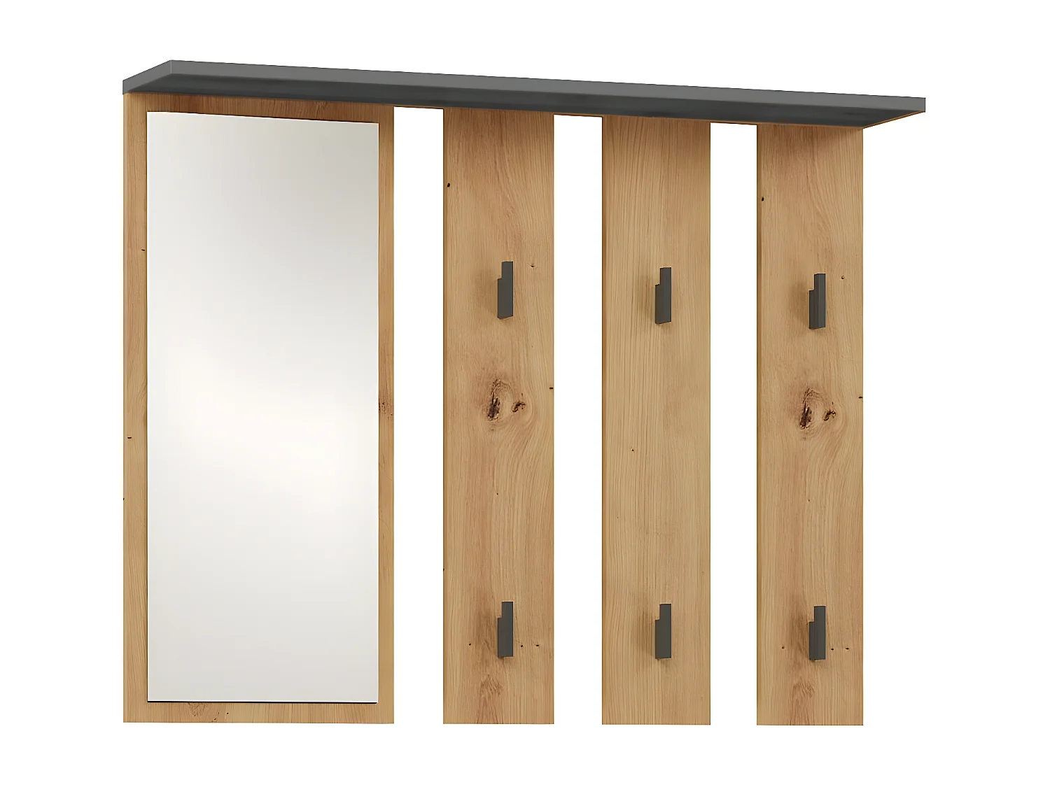 PARMI - Wandhaken mit Spiegel - Wandgarderobe - 100x15x81.5 cm - 6 Haken - Eingangsmöbel - Eiche&amp;Grau