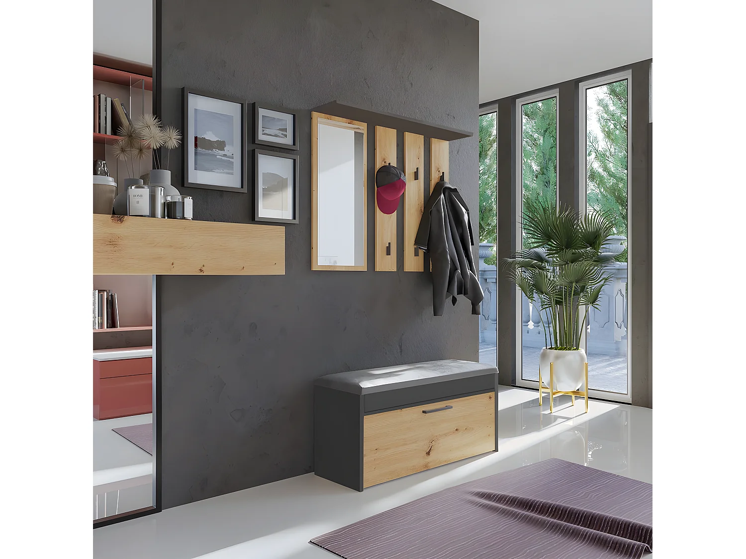 PARMI - Wandhaken mit Spiegel - Wandgarderobe - 100x15x81.5 cm - 6 Haken - Eingangsmöbel - Eiche&amp;Grau