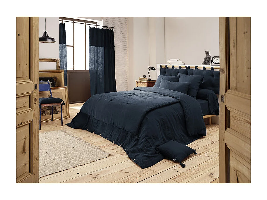 Parure de lit 220 x 240 cm en double gaze de coton bleu nuit - PEPA 1