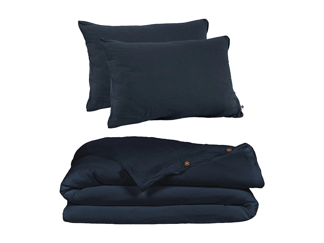 Parure de lit 220 x 240 cm en double gaze de coton bleu nuit - PEPA 1