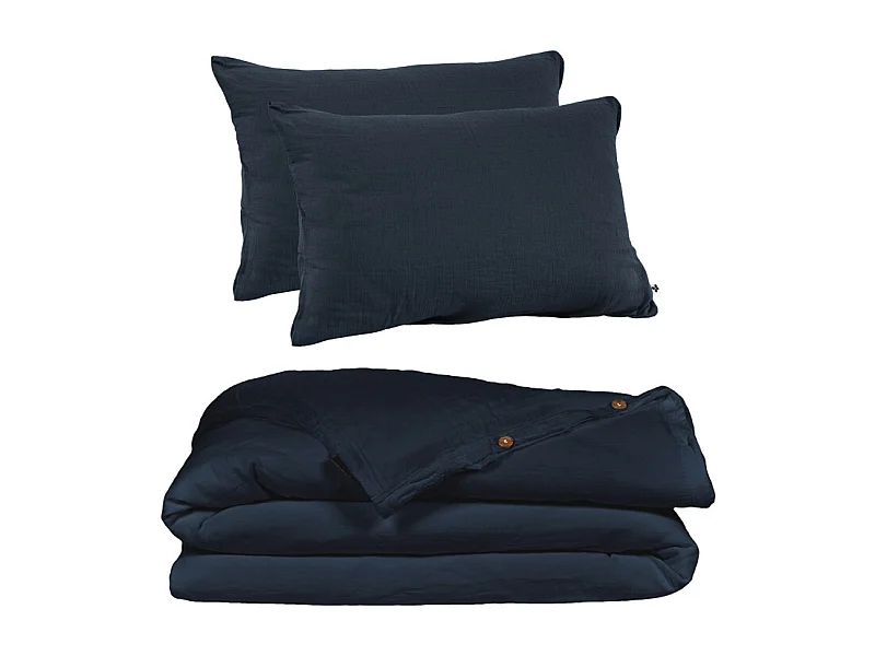 Parure de lit 220 x 240 cm en double gaze de coton bleu nuit - PEPA 1