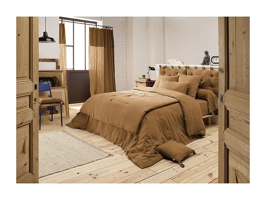 Parure de lit 220 x 240 cm en double gaze de coton camel - PEPA 1