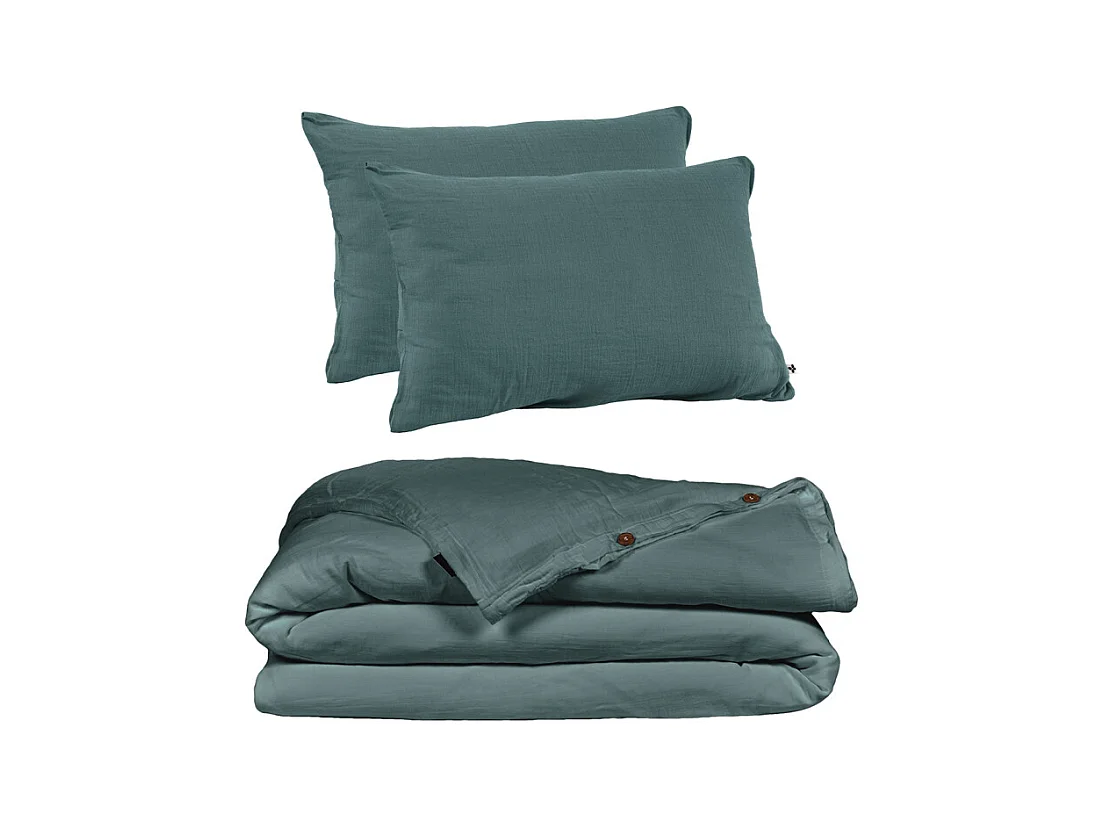 Parure de lit 240 x 260 cm double gaze de coton bleu canard - PEPA 2