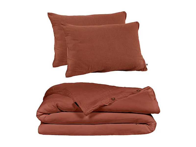 Parure de lit 220 x 240 cm en double gaze de coton terracotta - PEPA 1